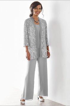 3 Piece Mother of the Bride Dress Wedding Guest Party Sparkle & Shine Scoop Neck Ankle Length Chiffon Lace 3/4 Length Sleeve with Sequin Solid Color 2024 2024 - $167.99 Bride Pantsuit, Suit With Jacket, Wedding Pantsuit, Chiffon Cardigan, Mom Pants, Sequin Sleeve, Dress Wedding Guest, Pantsuits For Women, Sophisticated Dress