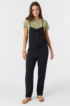 Laid-back woven jumper that features a front button design, over the shoulder straps and a straight leg fit. O'Neill Women's woven jumper 29" Inseam Straight leg fit Front button closure Shoulder straps Waistband and drawcord 100% Viscose twill Casual Solid Color Jumpsuit With Bib Front, Casual Solid Bib Front Jumpsuit/romper, Casual Solid Bib Front Jumpsuits And Rompers, Casual Solid Jumpsuits And Rompers With Adjustable Straps, Casual Jumpsuits And Rompers With Adjustable Straps, Casual Solid Color Overalls For Work, Casual Cotton Overalls With Adjustable Straps, Black Summer Overalls With Adjustable Straps, Black Cotton Jumpsuits And Rompers With Adjustable Straps