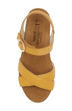 A gleaming buckle stands out against the supple leather straps on this open-toe sandal set on a low wedge for comfortable height. 1 3/4" heel (size 39) Adjustable ankle strap with buckle closure Cushioned footbed with arch support Leather upper and lining/synthetic sole Gold Footbed Sandals With Removable Insole, Gold Open Toe Slingback Sandals With Buckle, Gold Leather Low Heel Wedge Sandals, Gold Open Toe Footbed Sandals With Cork-bed Midsoles, Gold Open Toe Sandals With Cork-bed Midsoles, Gold Open Toe Sandals With Leather Footbed, Gold Sandals With Removable Insole And Low Heel, Gold Low Heel Sandals With Buckle Closure, Gold Leather Sandals With Cork-bed Midsoles