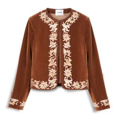 Vilshenko for AERIN Embroidered Tapestry Garden Jacket in Tobacco size Uk 8 Brown Floral Embroidered Outerwear For Fall, Brown Floral Embroidery Outerwear For Fall, Brown Floral Embroidered Fall Outerwear, Brown Long Sleeve Outerwear With Floral Embroidery, Elegant Fall Outerwear With Gold Embroidery, Fairy Tale Illustrations, Ivan Bilibin, Jacket With Embroidery, Embroidered Tapestry