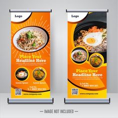 two roll up banners with food items on them