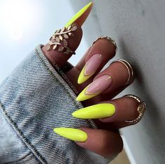 Neon Yellow Almond Nails Designs, Fluro Yellow Nails, Nail Neon Colors, Neon Nails Almond Shape, Neon Tips Acrylic Nails, Orange Creamsicle Nails, Summer Nails Neon Yellow, Almond Neon Nails, Neon Almond Shaped Nails