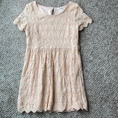 Lace Dress New Without Tags, Size Large, Side Zipper Forever 21 Short Sleeve Dress For Brunch, Elegant Short Sleeve Dresses By Forever 21, Forever 21 Short Sleeve Spring Dress, Forever 21 Beige Summer Dress, Forever 21 Dresses, 21 Dresses, Side Zipper, New Dress, Lace Dress