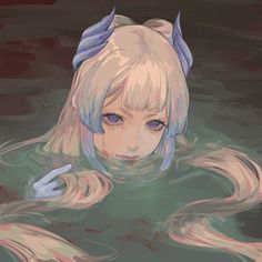 an anime character in the water with long blonde hair and blue eyes, looking at the camera