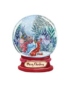 a snow globe with a mouse holding a teddy bear in it's arms and the words merry christmas