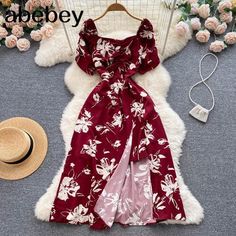 Size(cm) Length Bust Sleeve Waist One size 113 84-100 27 70 Red Floral Print Midi Dress With Puff Sleeves, Burgundy Midi Dress With Short Sleeves For Summer, Long Dress Elegant, Floral Long Dress, Casual Beach Dress, Long Dresses Elegant, Floral Dresses Long, Summer Vintage, Split Dress