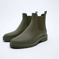 Genuine Zara New With Tag Material: Color: Khaki Green Chic Rain Boots Without Too Much Bulk. Love Color, I Can See It Blend Into Surroundings When Taking A Walk Among Trees. Euro Size 41(10), 42(11) Casual Green Rain Boots With Round Toe, Casual High Ankle Rain Boots For Fall, Fall Casual Ankle-high Rain Boots, Trendy Ankle-high Rain Boots For Fall, Trendy Ankle-high Fall Rain Boots, Casual High Heel Chelsea Boots With Reinforced Heel, Casual Chelsea Boots With Padded Ankle, Zara Chelsea Boots With Round Toe, Zara Ankle Chelsea Boots