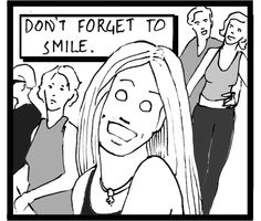 a comic strip with an image of a woman smiling and two men standing behind her