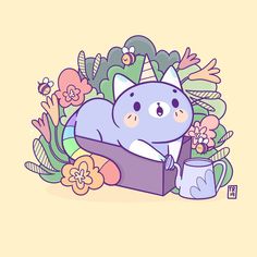 an illustration of a blue cat in a box surrounded by flowers and plants on a yellow background