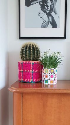 a wooden dresser topped with a potted cactus next to a framed photograph