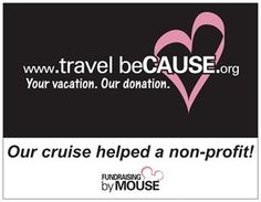 a black and white business card with a pink heart on the front that says travel because your vacation, our donation