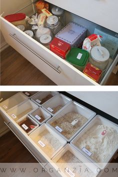 the drawers are filled with food and containers