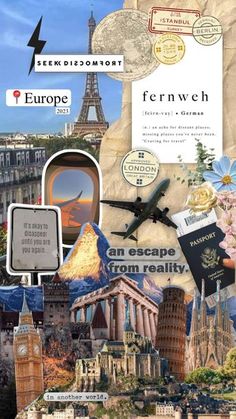 the collage has many different pictures and words on it, including an eiffel tower