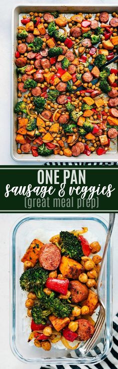 one pan sausage and veggies meal in a glass casserole dish