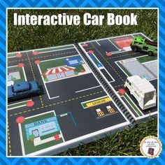 an interactive car book with cars and trucks on the road in blue chevrons