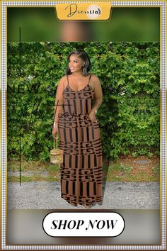 Print Spaghetti Strap Loose Maxi Dress Casual Brown Maxi Dress With Spaghetti Straps, Casual Brown Midi Dress With Spaghetti Straps, Brown Maxi Dress With Spaghetti Straps For Summer, Brown Spaghetti Strap Maxi Dress For Summer, Casual Brown Maxi Sundress, Suspenders For Women, Loose Maxi Dress, Dresses By Length, Long Maxi Dress