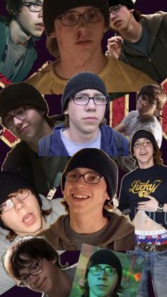 a collage of young men with glasses and beanie hats, all in different poses