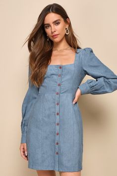 The Lulus Posh Promise Blue Corduroy Long Sleeve Button-Up Mini Dress has plenty of styling potential for a season full of perfect autumn ensembles! Sturdy corduroy shapes this retro-inspired dress that features a princess-seamed bodice, a trendy square neckline, and long, balloon-style sleeves with button cuffs. A functional button placket continues through the fitted waist and down the front of the figure-skimming, A-line mini skirt. Fit: This garment fits true to size. Length: Mid-thigh. Size medium measures 33.5" from shoulder to hem. Bust: Great for any cup size. Waist: Fitted - very fitted at natural waist. Hip: Loosely Fitted. Undergarments: May be worn with any standard bra. Fabric: Fabric has no stretch. Bodice is lined. Shell: 100% Polyester. Lining: 100% Polyester. Hand Wash Col Retro Inspired Dress, Blue Corduroy, A Line Mini Skirt, Corduroy Dress, Mod Dress, Indie Outfits, Inspired Dress, Retro Outfits, Retro Dress