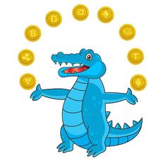 a cartoon crocodile juggling gold coins around it's neck and smiling for the camera