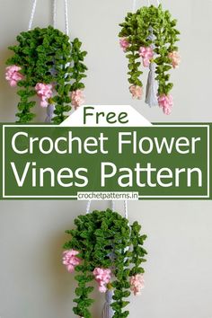 three potted plants hanging from hooks with text overlay that reads free crochet flower vines pattern