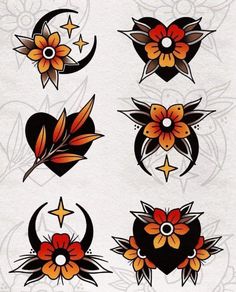 some tattoos with flowers and crescents on them