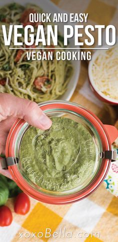 1 reviews · 10 minutes · Vegan Gluten free · Serves 16 · This quick and easy vegan pesto sauce is so tasty! This pesto recipe is vegan and so easy to make. Perfect for a quick vegan meal. This vegan pesto sauce is made with spinach and basil. You need to… More Easy Vegan Pesto, Vegan Bibimbap, Vegan Pesto Sauce, Spinach Pesto Pasta, Vegan Pesto Recipe, Pasta Spinach, Pesto Vegan