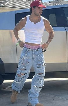 Men’s Rave Outfits Winter, Men Wife Beater Outfits, Festival Denim Outfit, Men Harness Outfit, Men Wearing Crop Tops, Wifebeater Outfit Aesthetic Men, Club Fits Men, Y2k Boys Fashion, Gay Fashion Aesthetic