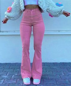 Pink Flare Jeans Spring High Rise Non-stretch Flares, Non-stretch High Rise Spring Flares, Pink Non-stretch Jeans For Fall, High Waist Casual Flares For Spring, Trendy Flare Jeans For Spring, Casual High Waist Flares For Spring, High-waist Casual Flares For Spring, Casual High-waist Flares For Spring, Casual Full Length Flares For Spring