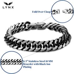 Bring out your unique sense of style when you pair this LYNX stainless steel curb chain bracelet with your everyday wardrobe. Bring out your unique sense of style when you pair this LYNX stainless steel curb chain bracelet with your everyday wardrobe. FEATURES Chain type: curb Length: 8.5 in. Chain width: 10 mm Clasp: fold-over Metal: stainless steel Plating: black ion plated Finish: polished Packaging: boxed Size: 8.5". Color: Multicolor. Gender: male. Age Group: adult. Black Cuban Link Bracelet As Gift, Black Cuban Link Chain Bracelet, Stainless Steel Curb Chain Link Bracelets, Black Stainless Steel Bracelet With Curb Chain, Black Stainless Steel Curb Chain Bracelets, Black Metal Cuban Link Bracelet, Black Link Chain Bracelet With Stainless Steel Clasp, Black Link Bracelets In Stainless Steel, Black Stainless Steel Cuban Link Bracelet