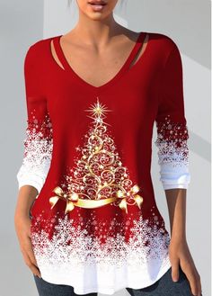 Cut Out Christmas Print Red T Shirt On Sale, Christmas Tree, V Neck, Long Sleeve, Christmas, Red, T Shirt