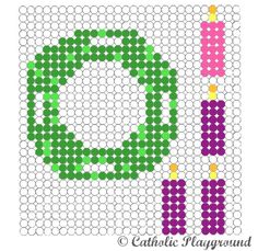 a cross stitch pattern with candles and a wreath on the front, surrounded by circles