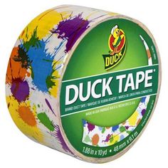 duck tape with multicolored paint splattered on the side and white background