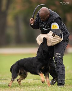 a man is holding onto his dog as he holds an object in it's mouth