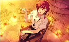 an anime character sitting on a chair in front of a wall with clocks and candles