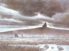 a drawing of two people standing in a field under a dark sky with clouds above them