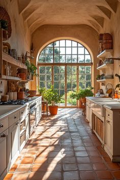 a kitchen with an arched ceiling and tile flooring, along with potted plants