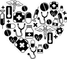 heart shape with medical icons in black and white