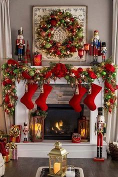 a fireplace decorated for christmas with stockings and stocking