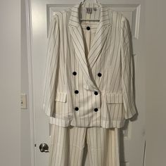 Brand New With Tags! Worthington Women’s Suit Cream With Gray Pin Stripes Jacket Size Xl Pants Size 14 White Long Sleeve Pantsuit For Fall, White Workwear Sets With Pockets, White Long Sleeve Pantsuit For Spring, Tailored White Sets For Fall, Classic White Sets For Fall, White Fall Office Wear Sets, White Office Sets For Fall, White Fall Pantsuit For Workwear, Fall White Pantsuit For Work