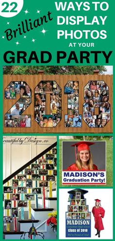 graduation party flyer with photos on it and the words grad party written in green