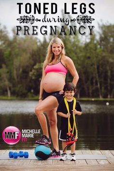 a pregnant woman standing next to a young boy on a dock with dumbbells