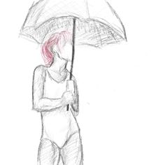 a drawing of a woman holding an umbrella in the rain, with pink hair on her head