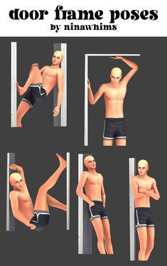 four different poses of a man in swimsuits and shorts, with the words door frame