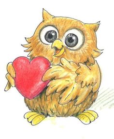 an owl holding a red heart in its paws