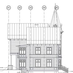 an architectural drawing shows the front and side of a house with three balconies