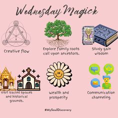 a pink poster with the words wednesday magick and other things to see on it