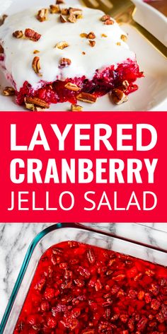 layered cranberry jello salad with whipped cream and pecans in the background