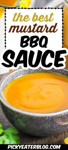 the best mustard bbq sauce is in a bowl on top of a wooden table