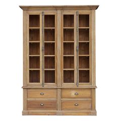 an old wooden cabinet with glass doors on the front and bottom shelves, isolated against a white background