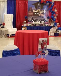 a table with red, white and blue decorations on it